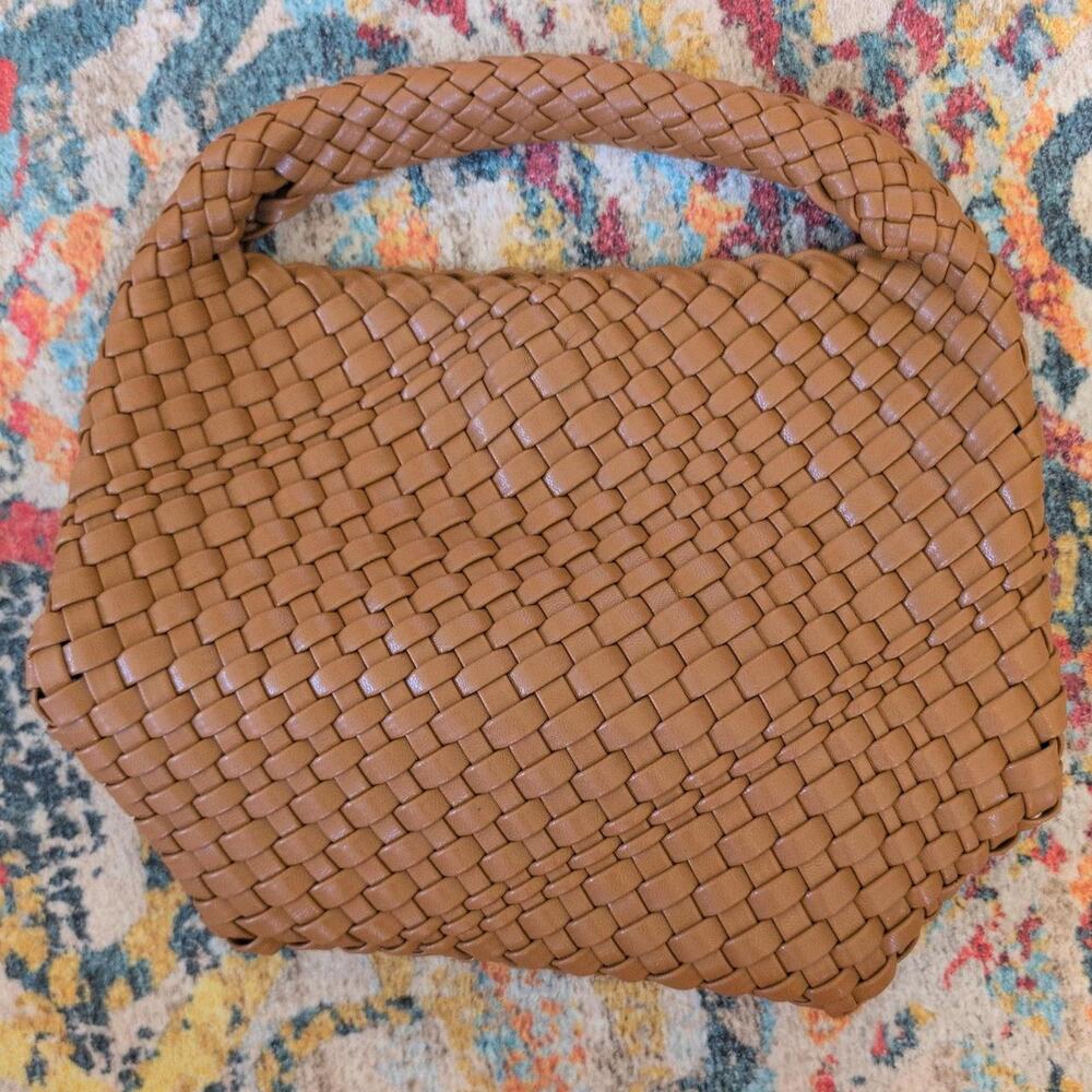 Tan and brown woven vegan leather small bag